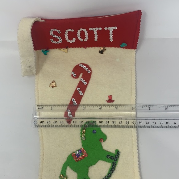 Vintage SCOTT felt Christmas stocking w/drum, rocking horse, candy cane, sequin - Picture 10 of 17